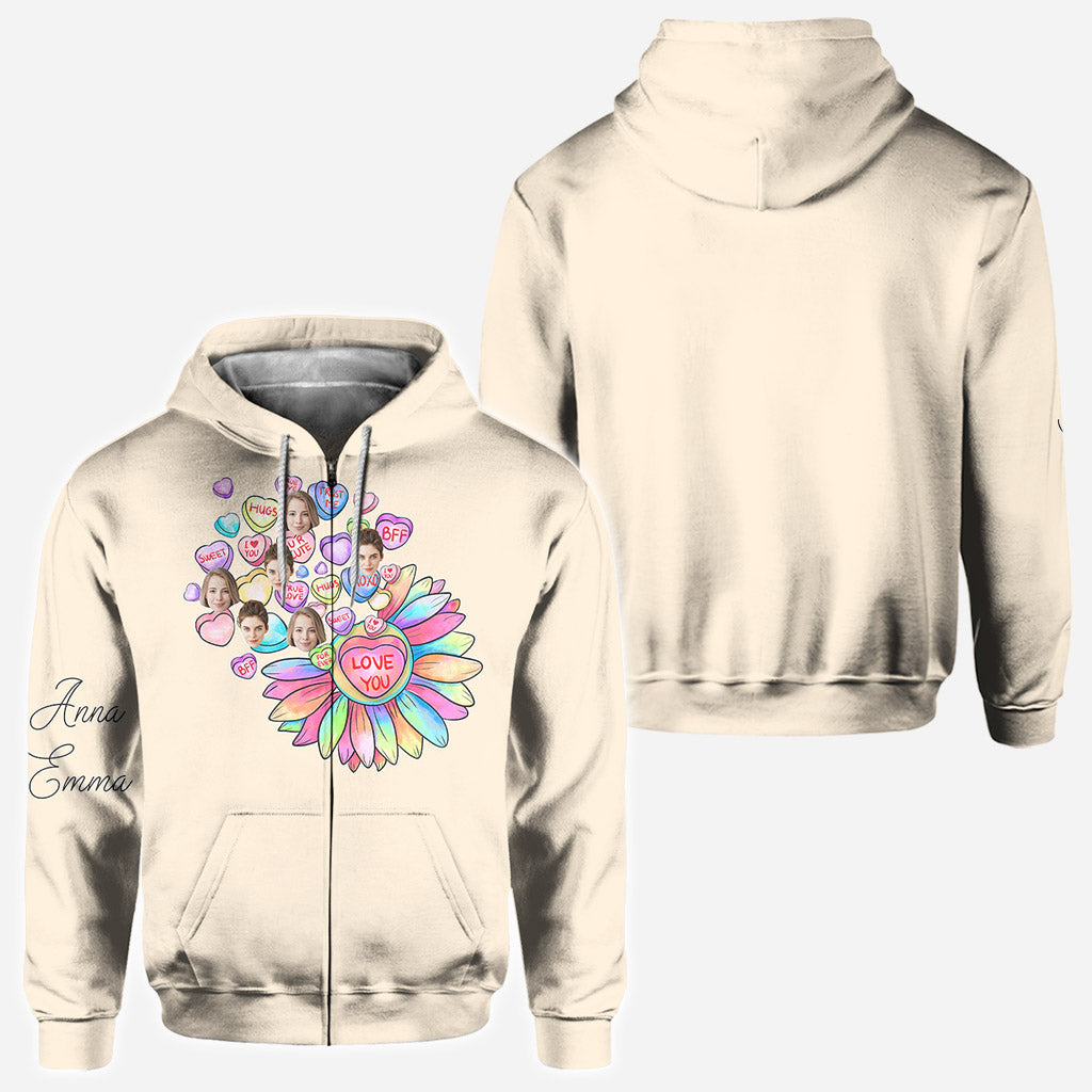 T-shirt personnalisé « Meilleure amie » avec cœur, bonbon et fleur, et visage