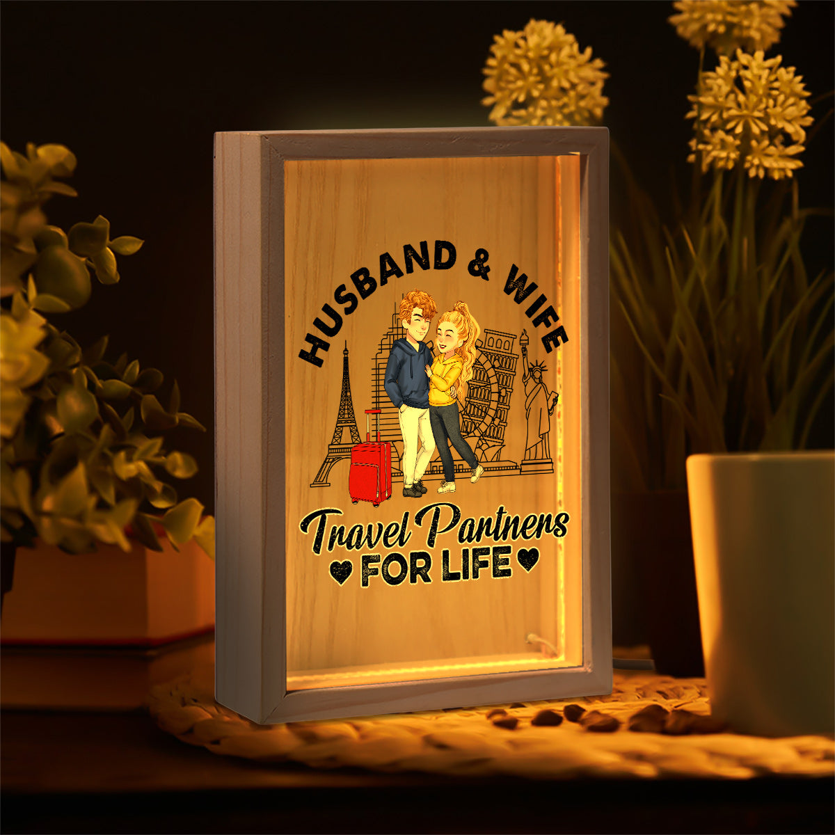 Partenaire de voyage pour la vie - Cadre photo lumineux personnalisé pour couple