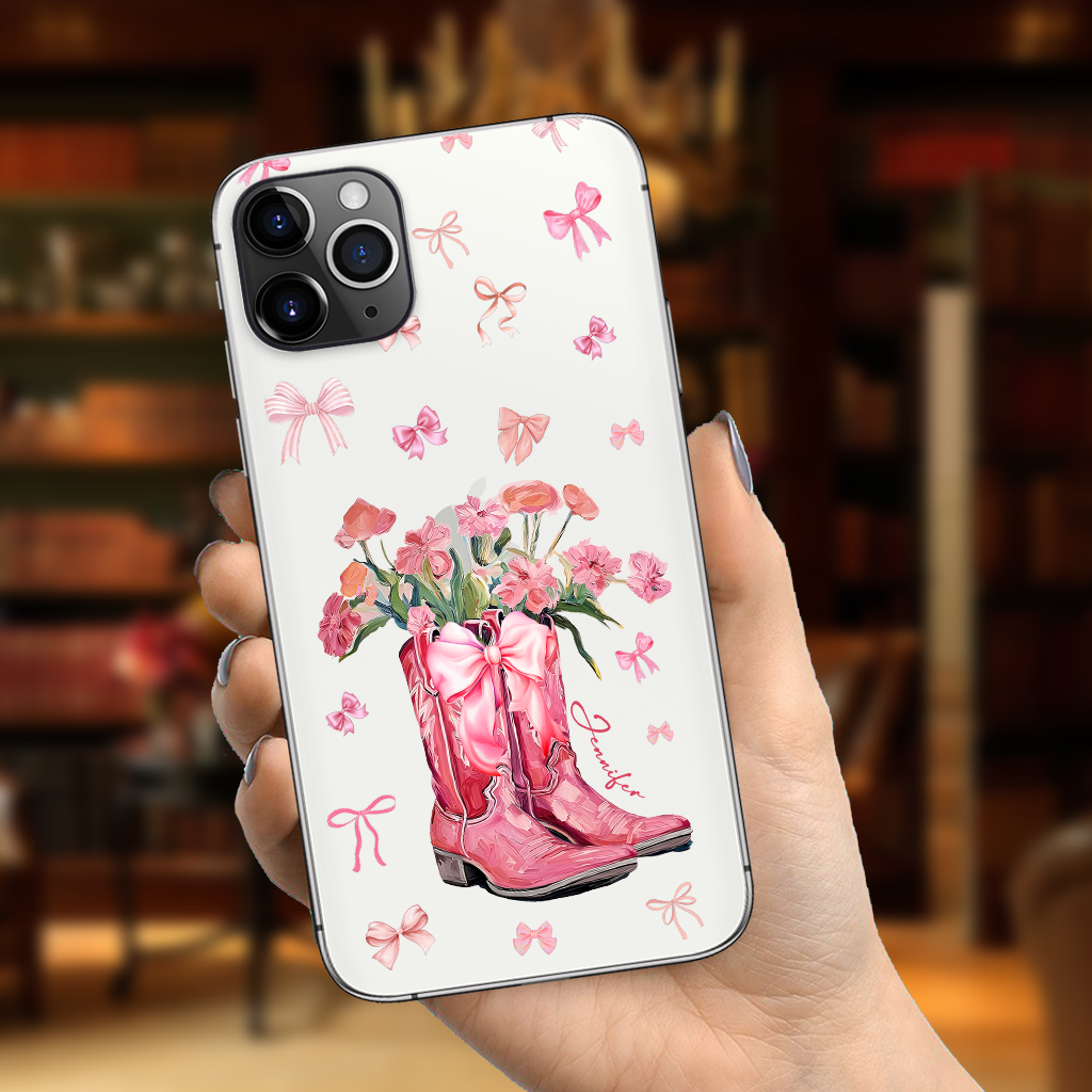 Bottes de cowgirl Coquette - Coque de téléphone transparente personnalisée avec motif cheval
