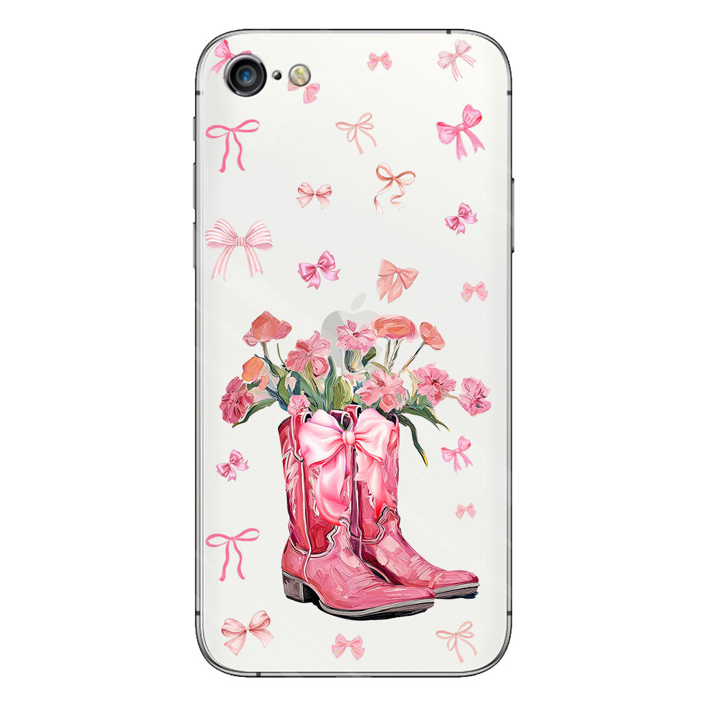 Bottes de cowgirl Coquette - Coque de téléphone transparente personnalisée avec motif cheval