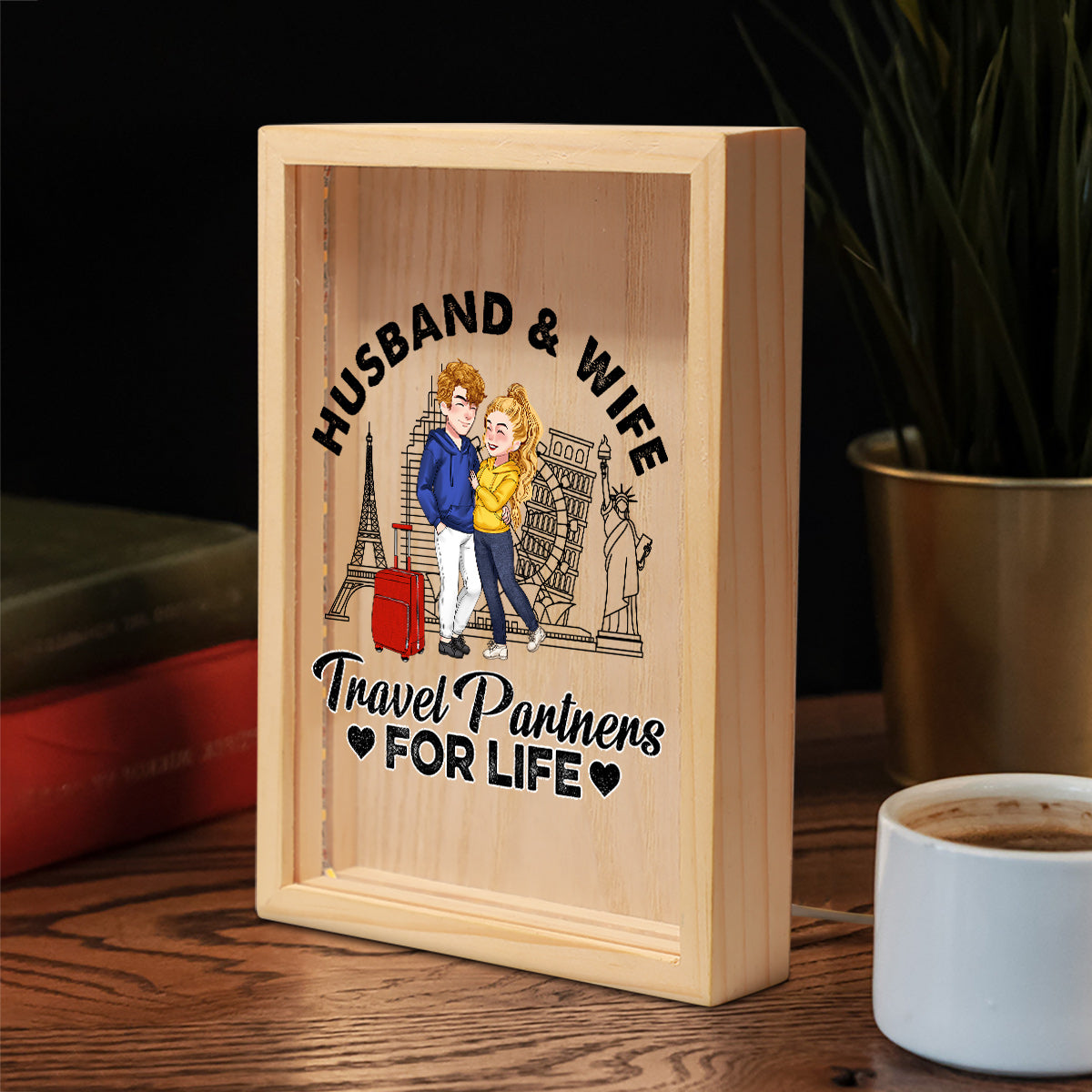 Partenaire de voyage pour la vie - Cadre photo lumineux personnalisé pour couple