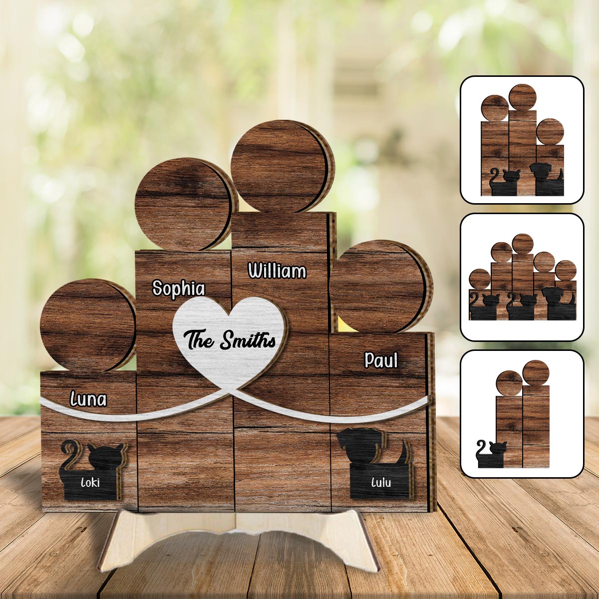 Figurines familiales en bois - Panneau/plaque en bois personnalisé à 2 niveaux pour la famille