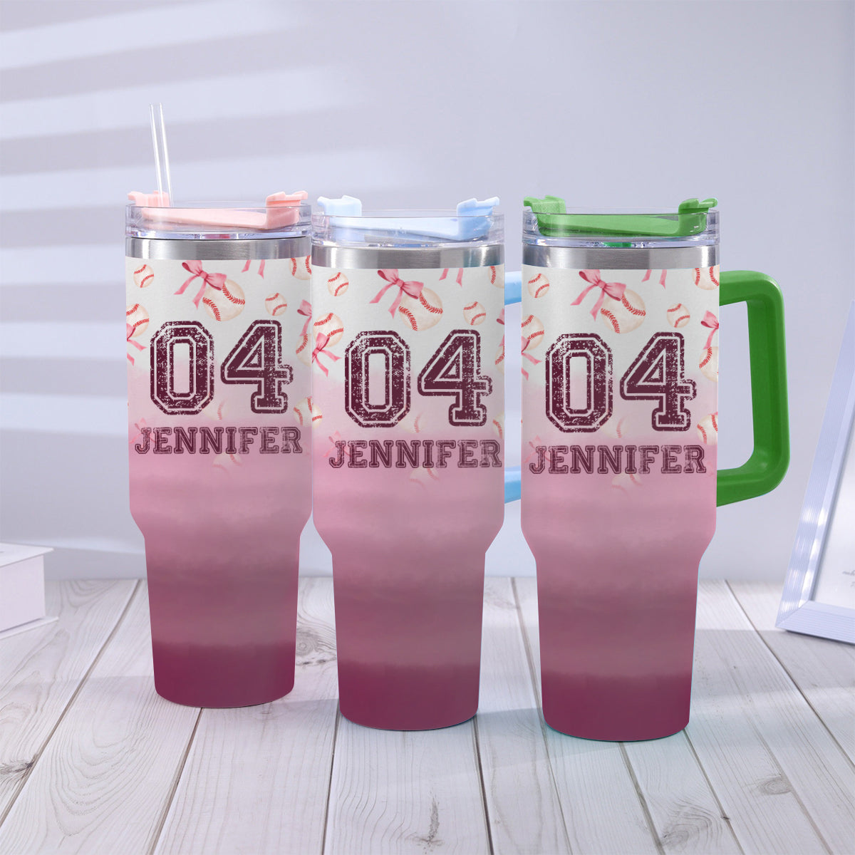 Baseball Coquette Ribbon Pink Gradient - Personalized Baseball Tumbler With Handle