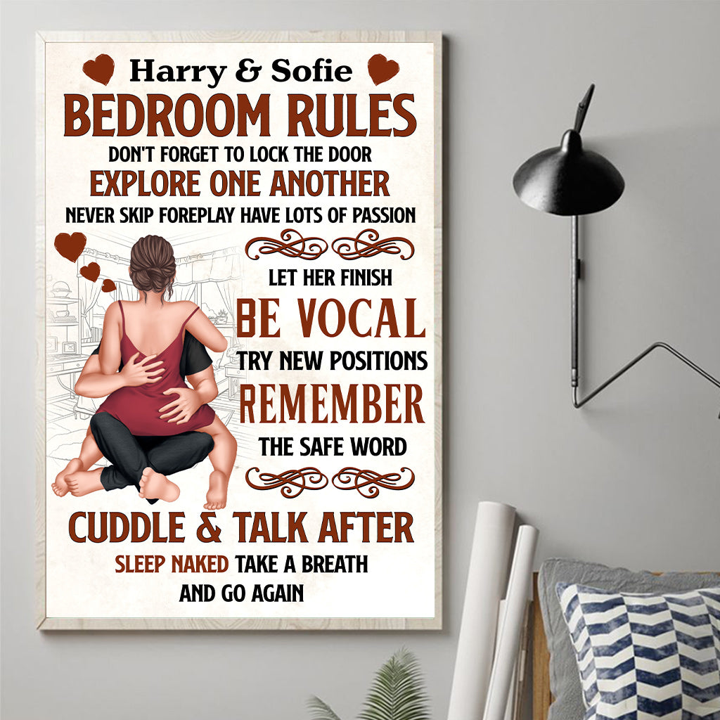 Règle de la chambre à coucher : N'oubliez pas de fermer la porte à clé - Toile et affiche personnalisées pour couples