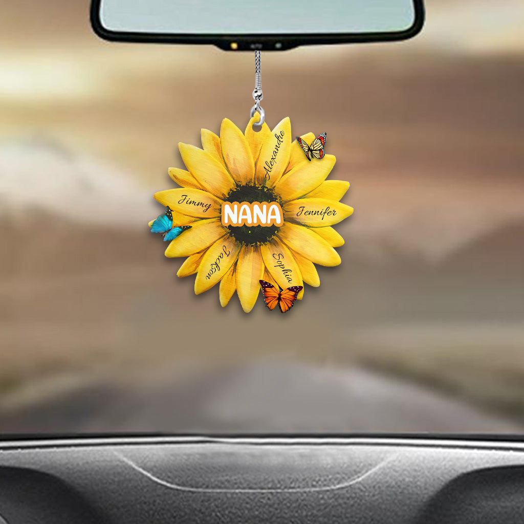 Tournesol personnalisé avec titre et prénom d'enfant - Ornement de voiture pour grand-mère