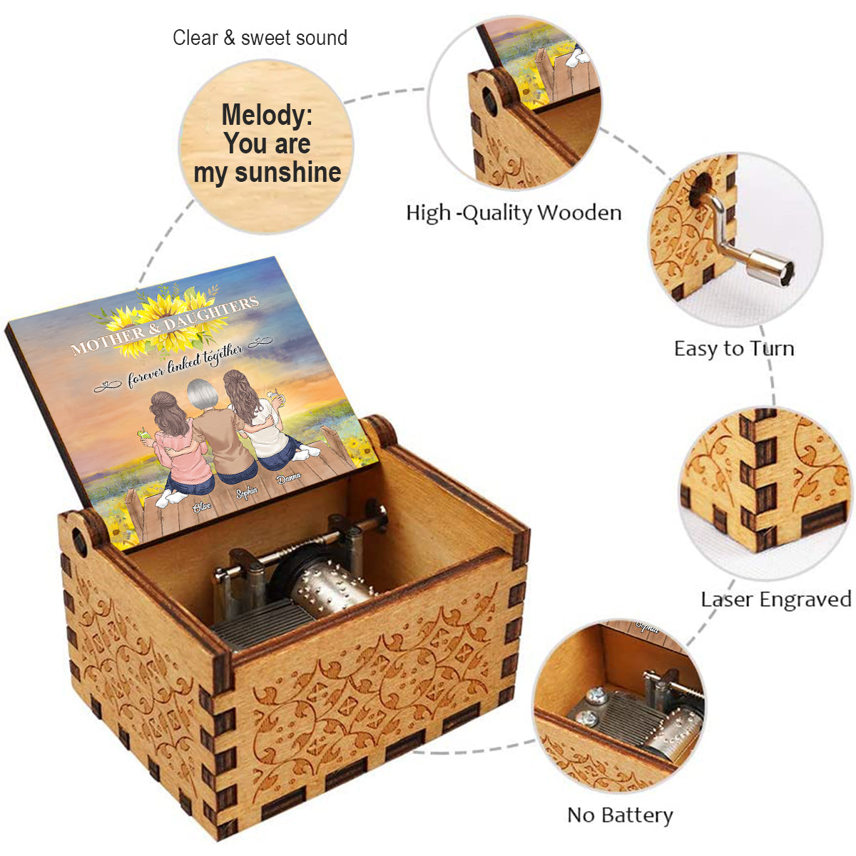 Mother And Daughters - Personalized Mother Hand Crank Music Box
