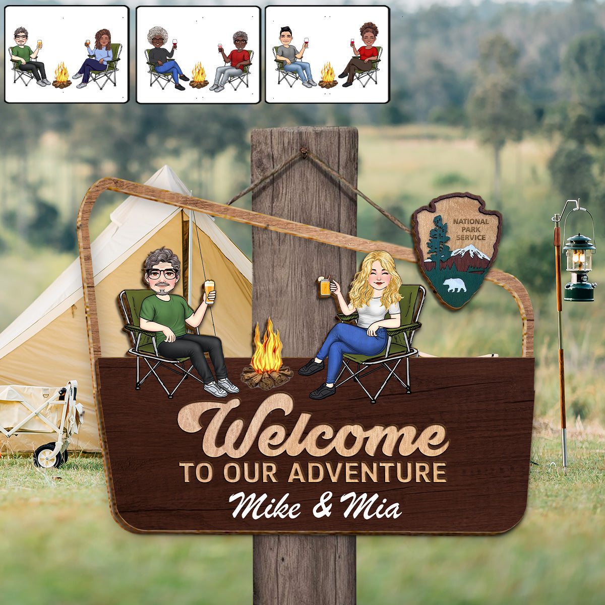 Bienvenue dans notre aventure ! Panneau/plaque en bois personnalisé(e) à deux couches pour le camping
