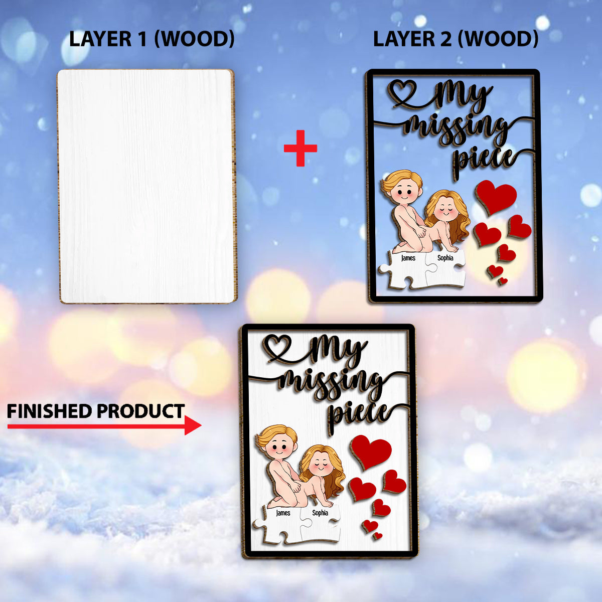 Ma pièce manquante - Panneau/Plaque en bois personnalisé(e) pour couple, 2 couches