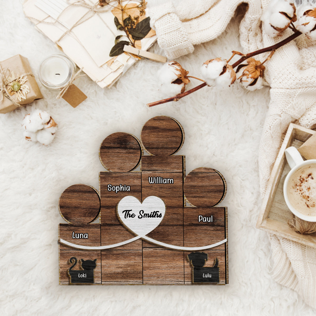 Figurines familiales en bois - Panneau/plaque en bois personnalisé à 2 niveaux pour la famille