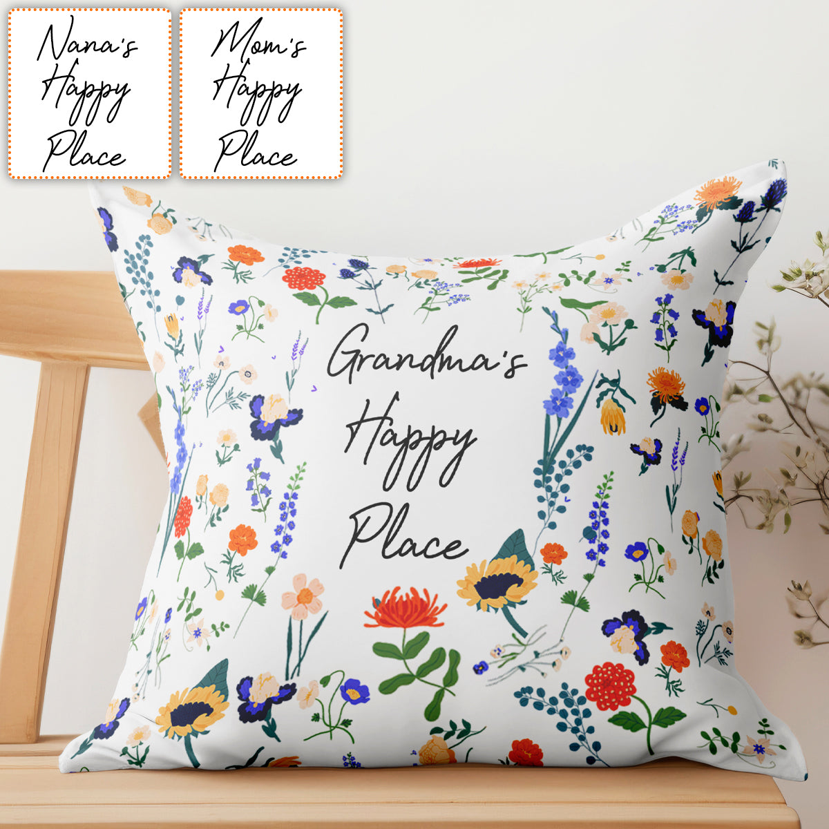 Coussin décoratif personnalisé « Happy Place » style floral botanique pour grand-mère (titre original : Any Title)