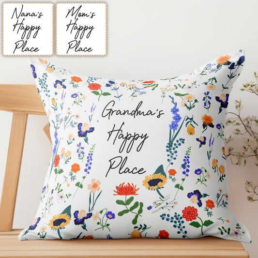 Coussin décoratif personnalisé « Happy Place » style floral botanique pour grand-mère (titre original : Any Title)
