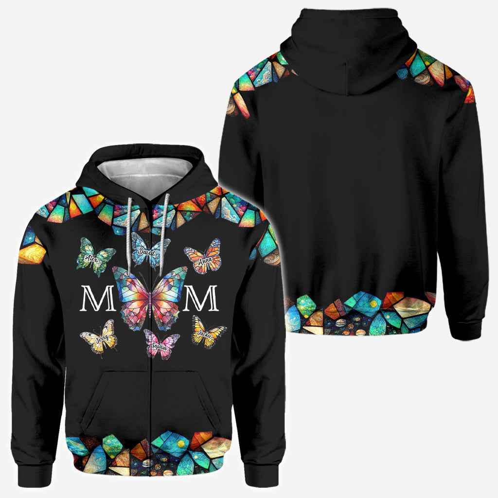 T-shirt personnalisé « Maman Papillon Motif Vitrail Coloré » - T-shirt intégral à motif papillon et papillon - Maman
