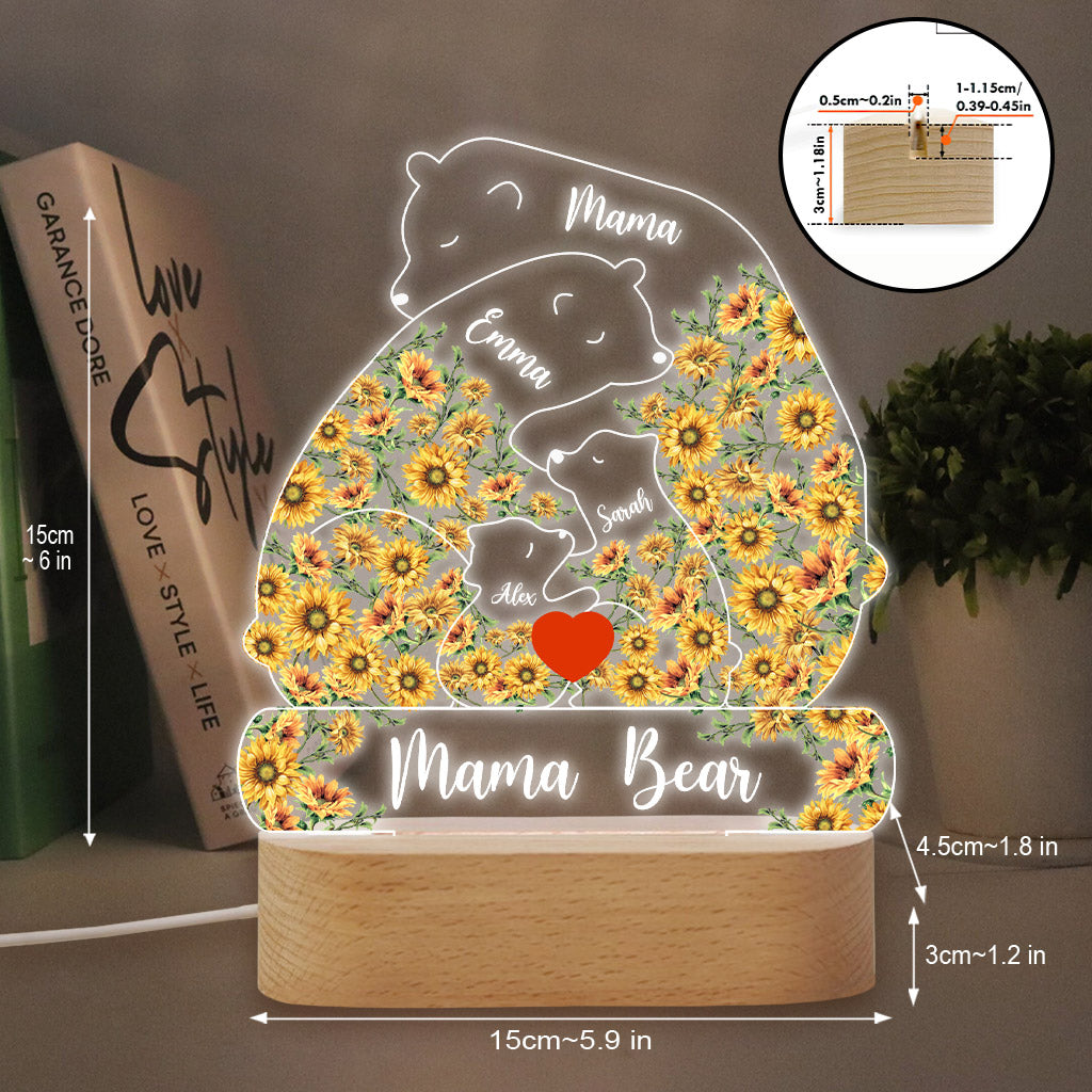 Plaque lumineuse personnalisée « Maman Ours Tournesol » - Socle lumineux en forme de mère