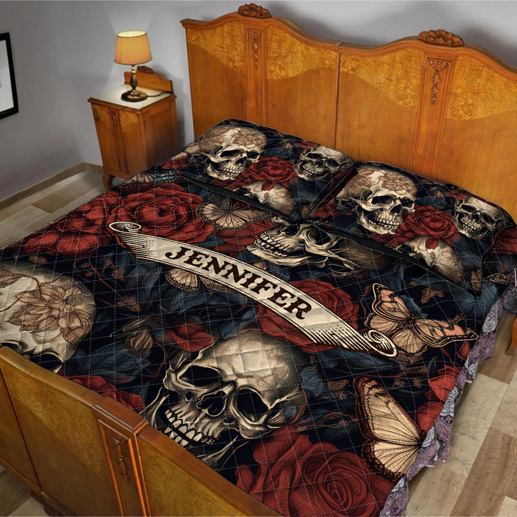 Vintage Rose Skull - Personalized Skull Quilt Set