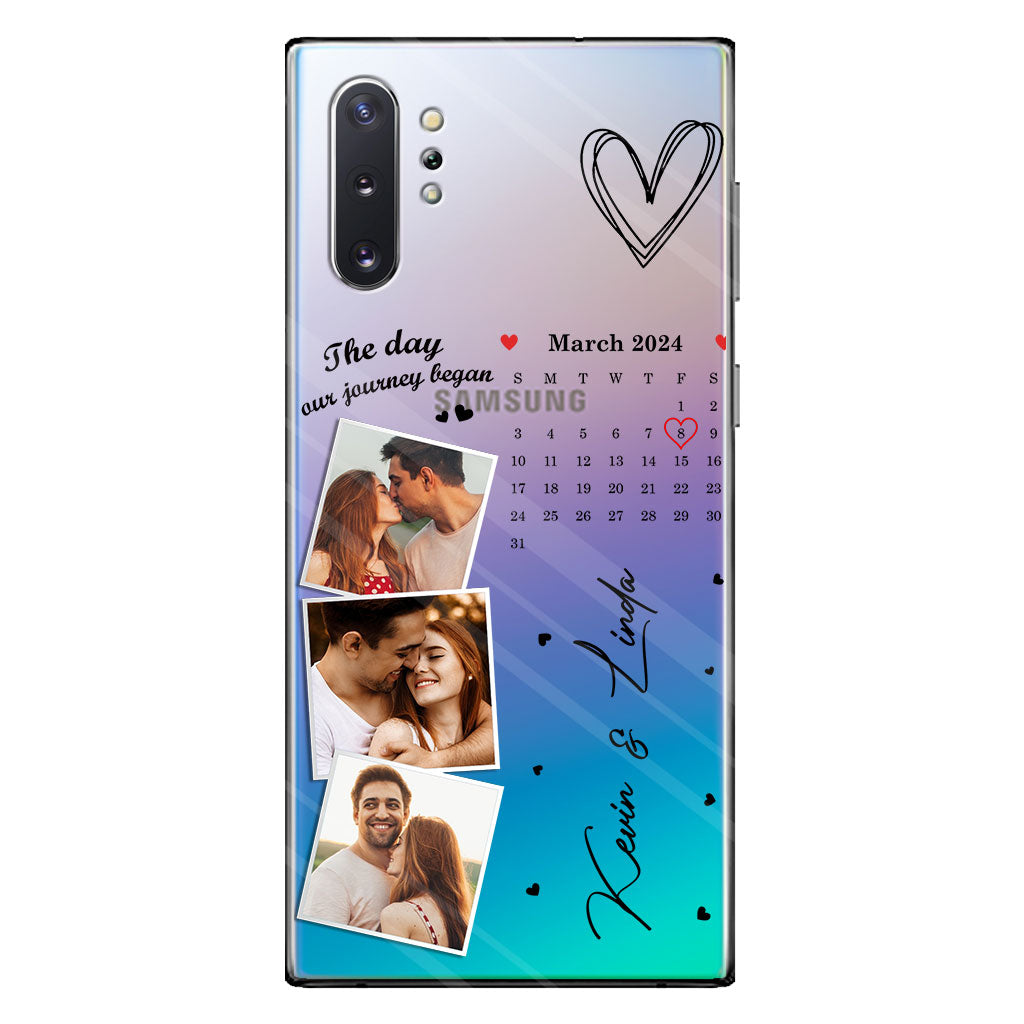 Photos et calendrier personnalisés « Le jour où notre histoire a commencé » - Coque de téléphone transparente personnalisée pour couple
