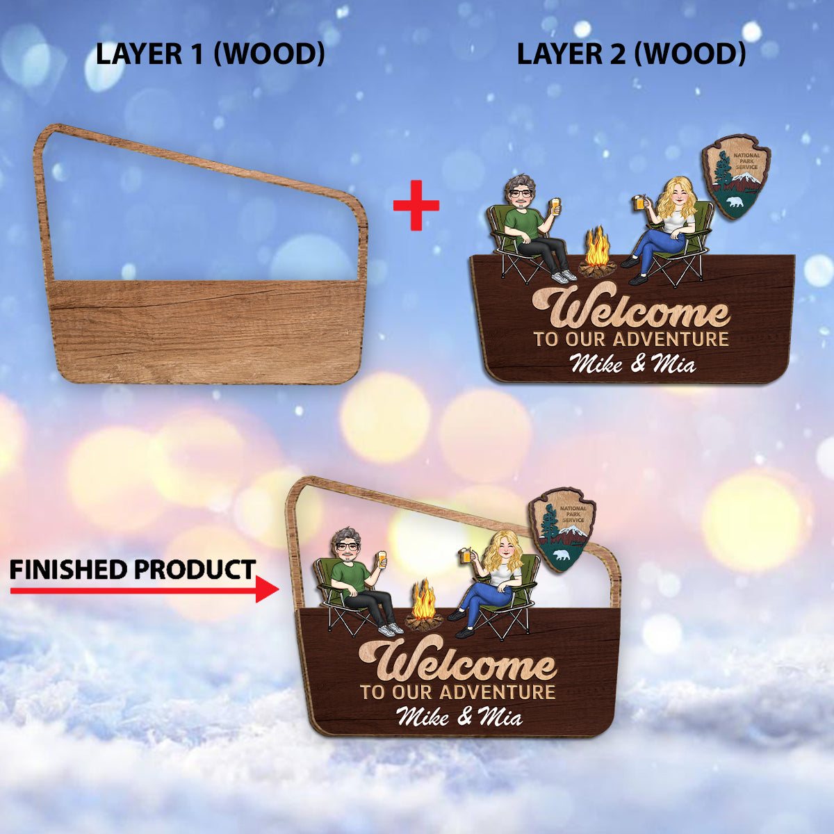 Bienvenue dans notre aventure ! Panneau/plaque en bois personnalisé(e) à deux couches pour le camping