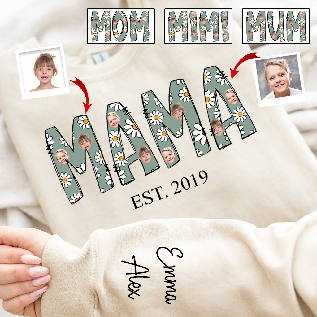 T-shirt personnalisé « Mama Est. Photo Face Daisy » - T-shirt intégral pour maman