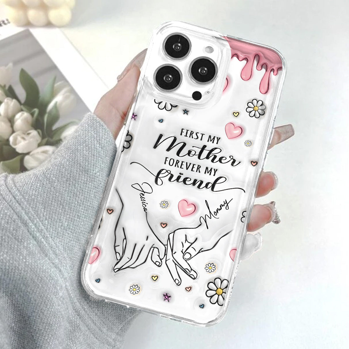 Ma mère d'abord, mon amie pour toujours - Coque de téléphone transparente personnalisée pour maman