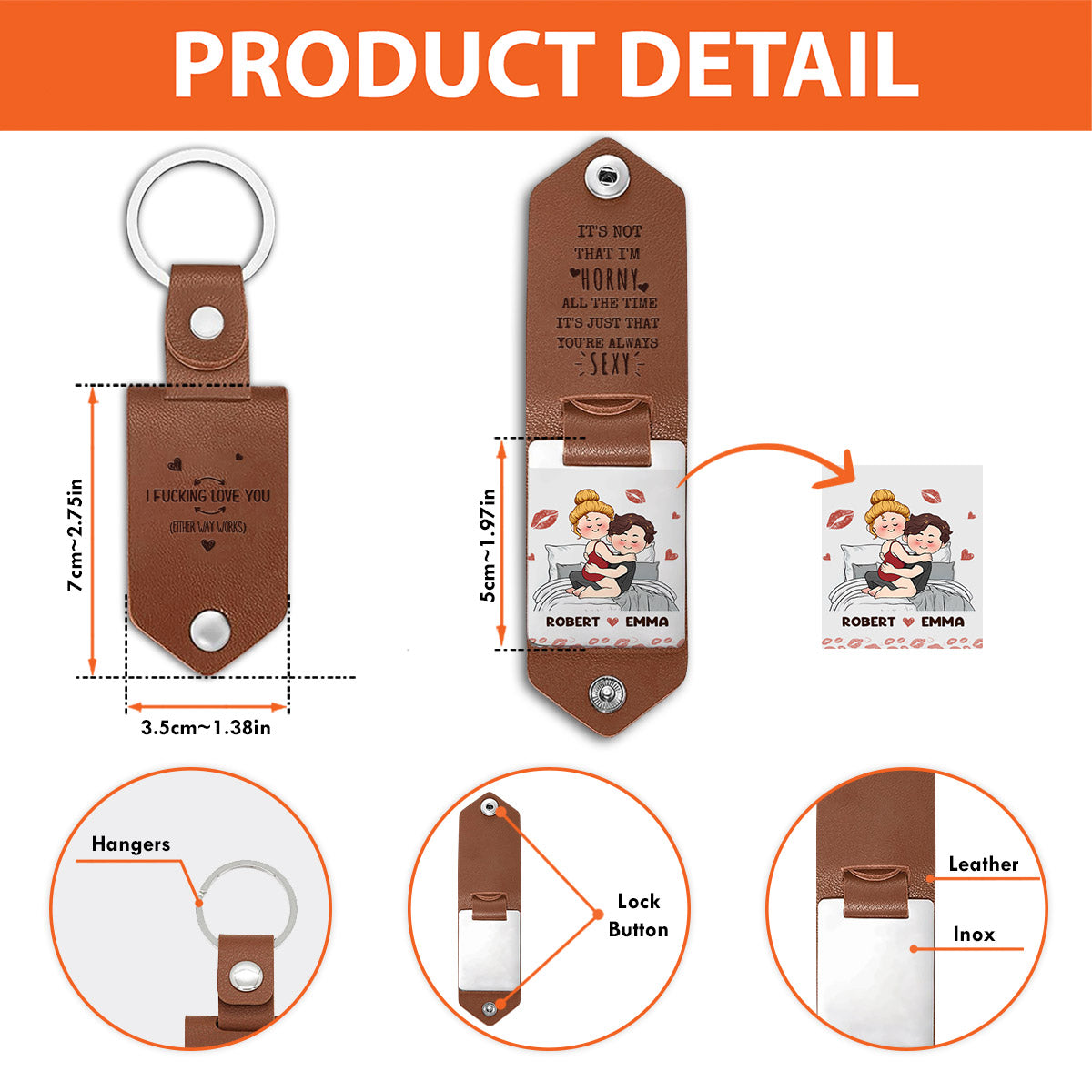 Je t'aime - Porte-clés photo personnalisé en cuir pour couple « Je t'aime »