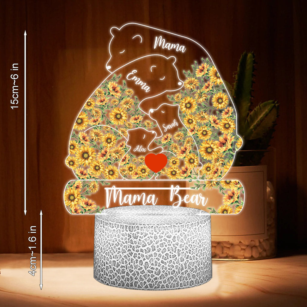 Plaque lumineuse personnalisée « Maman Ours Tournesol » - Socle lumineux en forme de mère