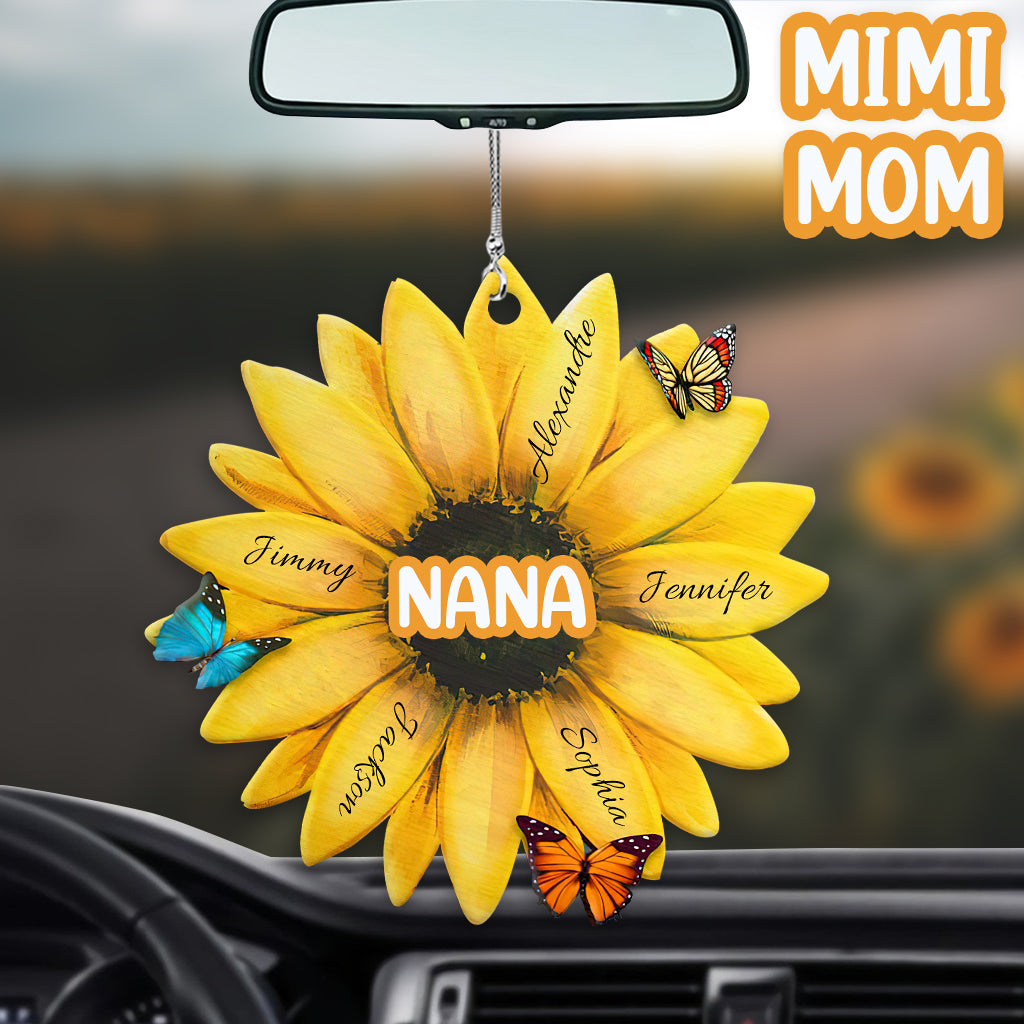 Tournesol personnalisé avec titre et prénom d'enfant - Ornement de voiture pour grand-mère