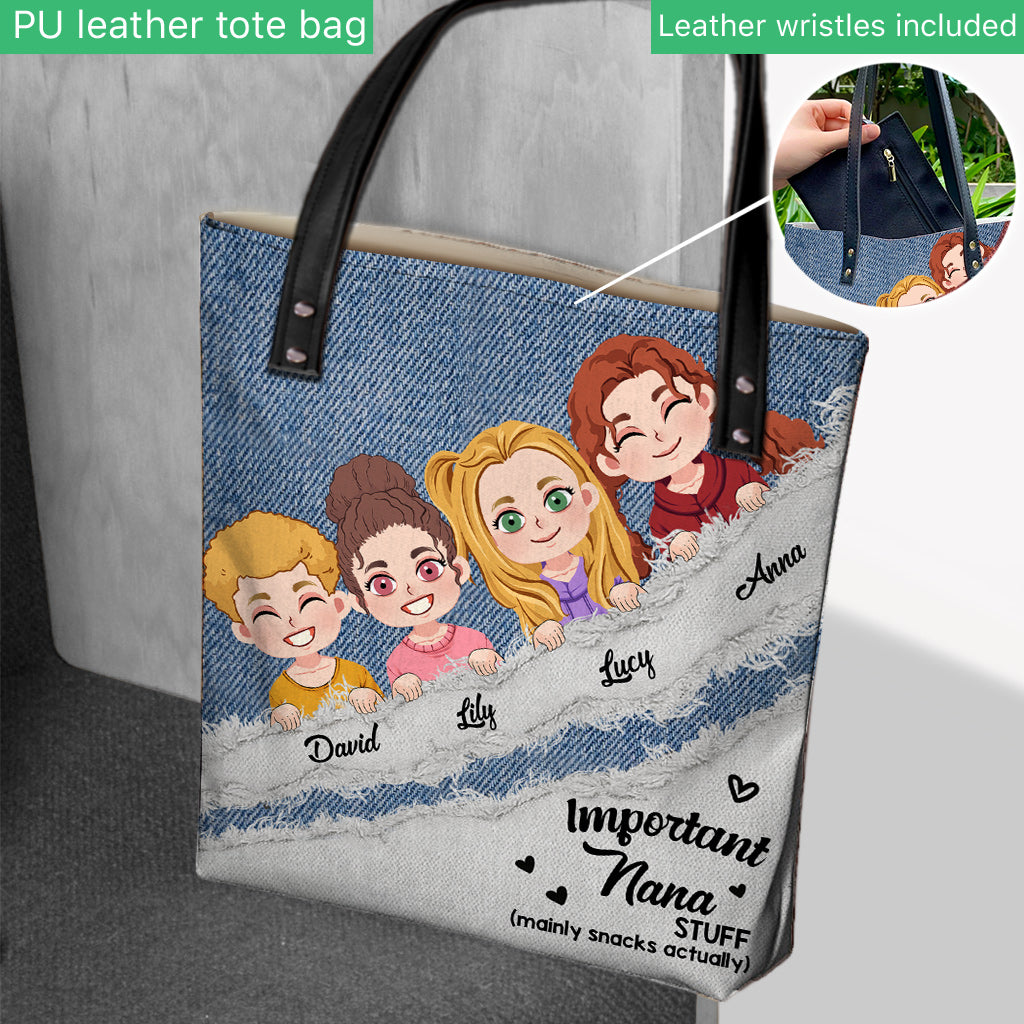 Sac fourre-tout personnalisé « Important Nana Stuff » à motif denim - Sac fourre-tout pour grand-mère