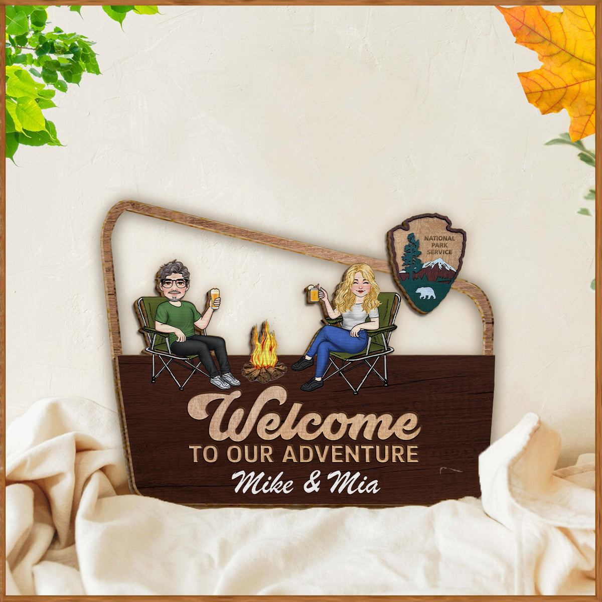 Bienvenue dans notre aventure ! Panneau/plaque en bois personnalisé(e) à deux couches pour le camping