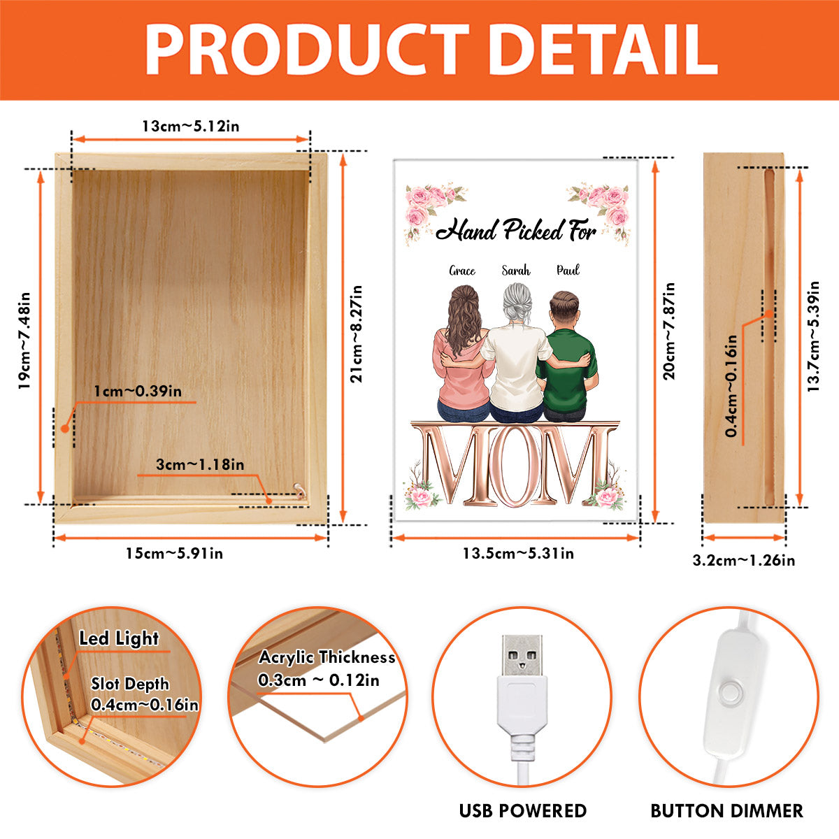 Fleur cueillie à la main pour maman - Cadre photo personnalisé avec boîte lumineuse