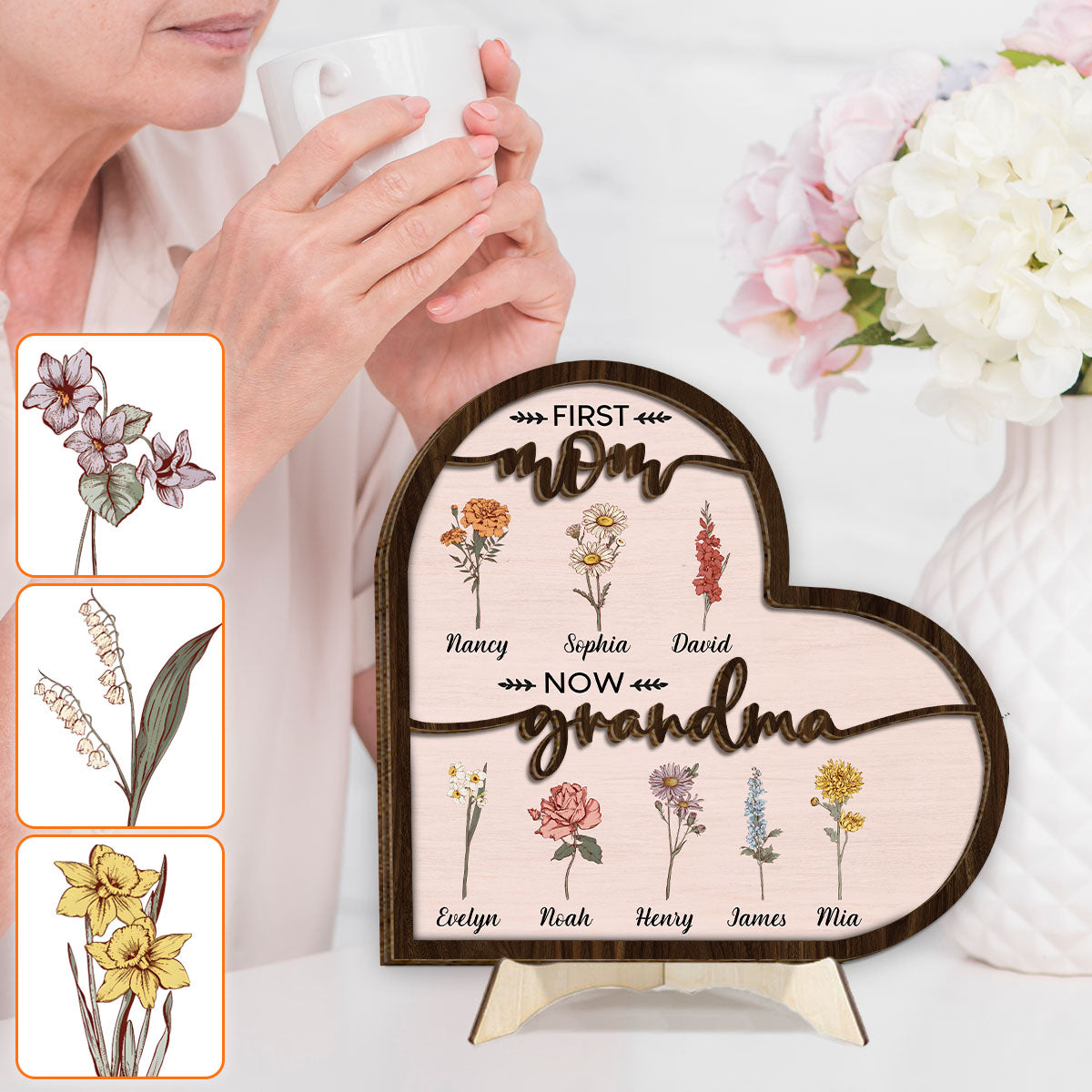 Première maman, maintenant grand-mère - Plaque en bois personnalisée à deux niveaux « Grand-mère »