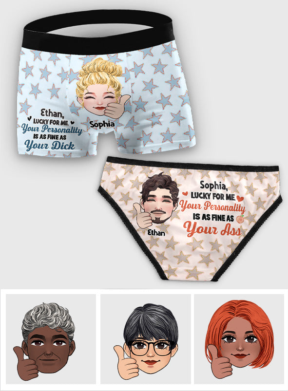 Lucky For Me Custom Portrait Couple - Personalized Couple Lace Border Women Briefs And Men’s Boxer Briefs
