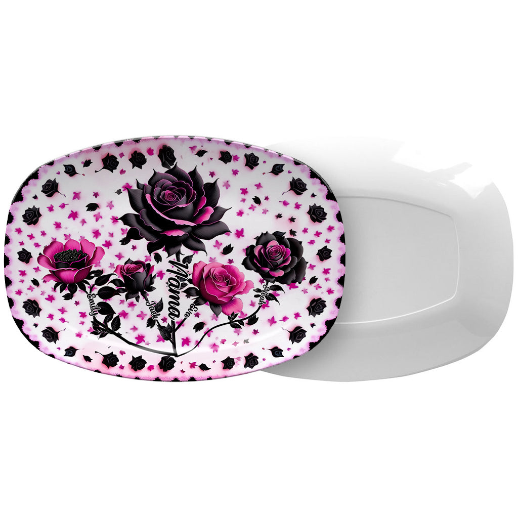 Assiette personnalisée « Mère, Grand-mère et Enfants » avec roses noires et roses