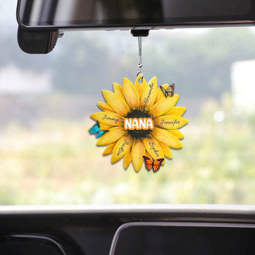 Tournesol personnalisé avec titre et prénom d'enfant - Ornement de voiture pour grand-mère