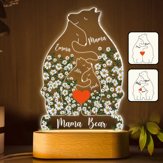 Plaque lumineuse personnalisée en forme de mère ourse et ses petits, motif floral. Socle lumineux.