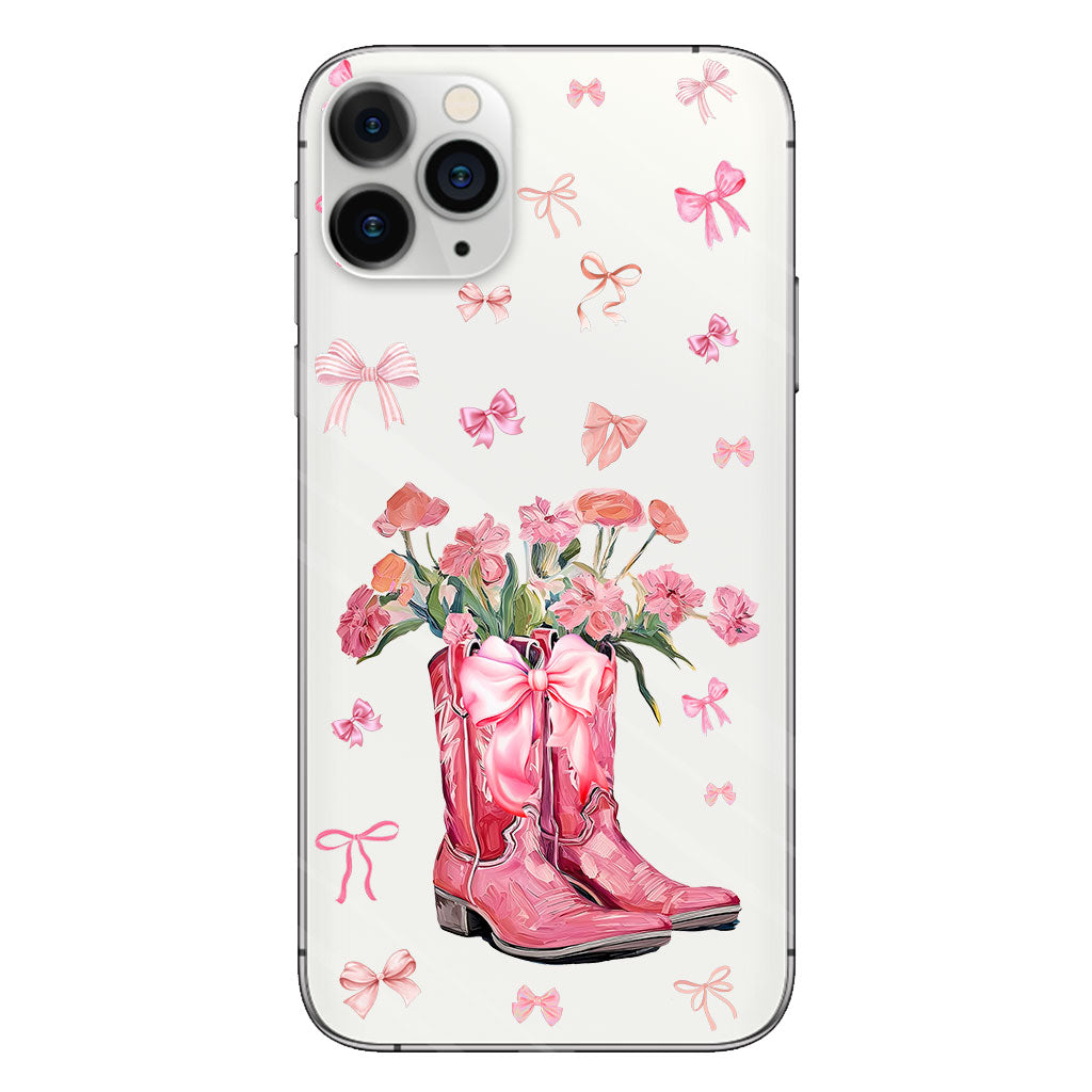 Bottes de cowgirl Coquette - Coque de téléphone transparente personnalisée avec motif cheval