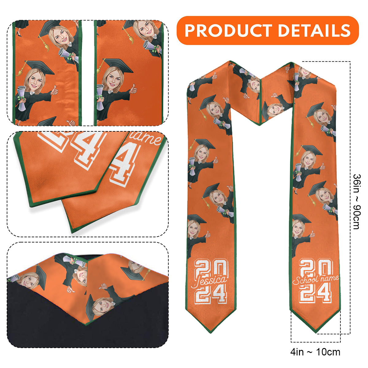 Écharpe de remise de diplôme personnalisée avec un personnage caricatural et amusant 