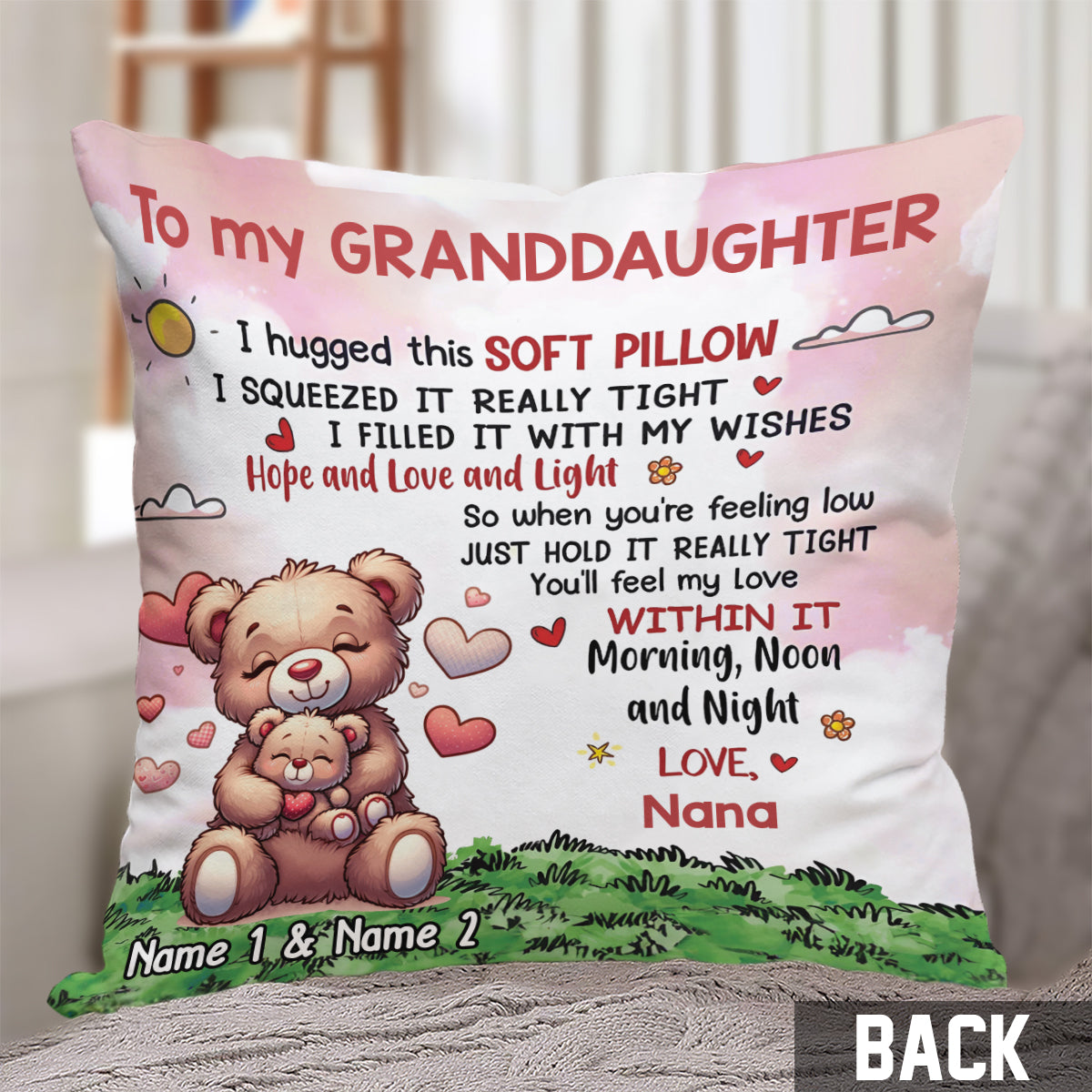 Coussin décoratif personnalisé pour grand-mère - Petit-fils ours et petite-fille