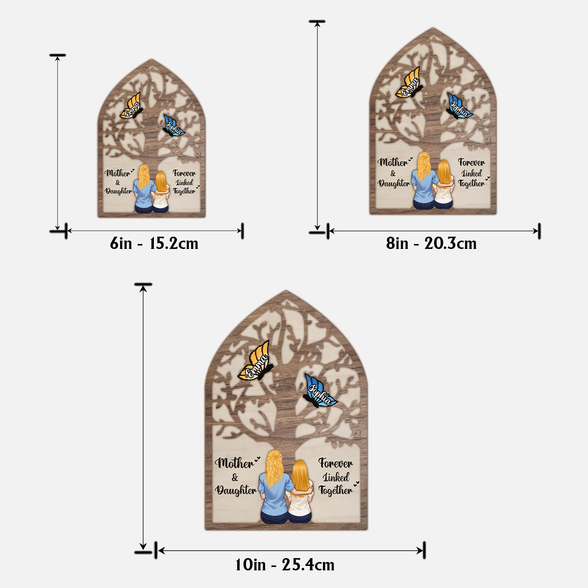 Mère, fille et fils unis pour toujours - Papillons - Plaque en bois personnalisée à 2 couches - Motif papillons