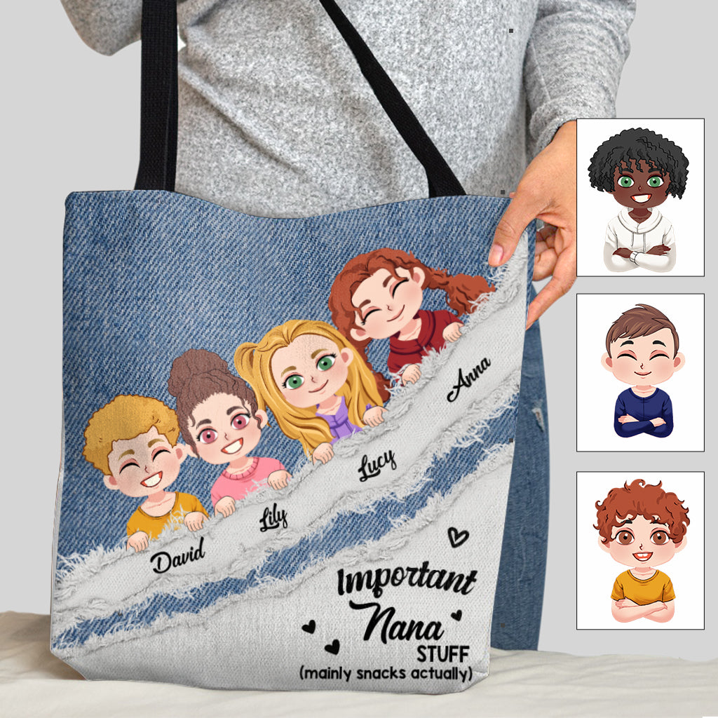 Sac fourre-tout personnalisé « Important Nana Stuff » à motif denim - Sac fourre-tout pour grand-mère