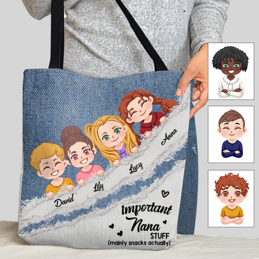 Sac fourre-tout personnalisé « Important Nana Stuff » à motif denim - Sac fourre-tout pour grand-mère