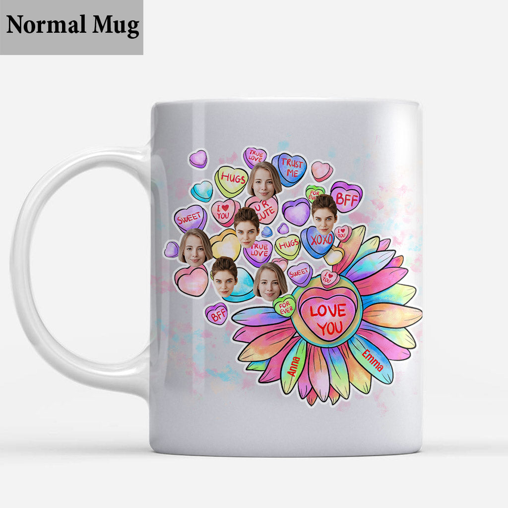 Mug personnalisé pour meilleure amie - Cœur, bonbon et fleur - Avec visage