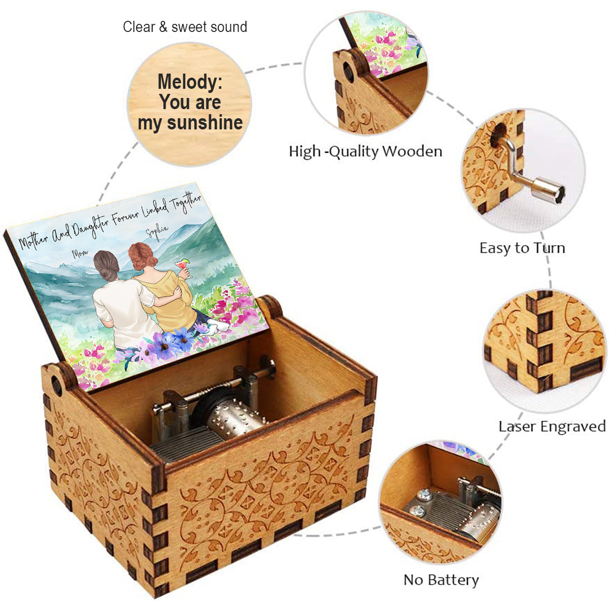 Mother And Daughter Forever Linked Together Watercolor Landscape - Personalized Mother Hand Crank Music Box