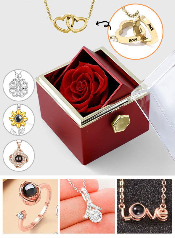 Boîte à roses éternelles rotative personnalisée pour couple avec bijoux - Noms personnalisés - Coffret à roses éternelles rotatif avec bijoux
