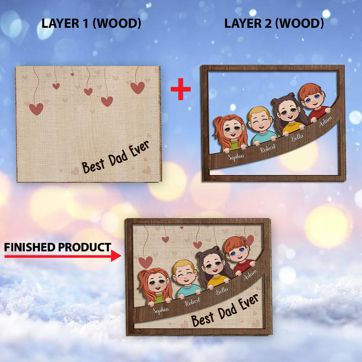 Meilleur papa, maman, grand-mère, grand-père pour toujours - Plaque en bois personnalisée 2 couches pour papa (Chibi Kids)