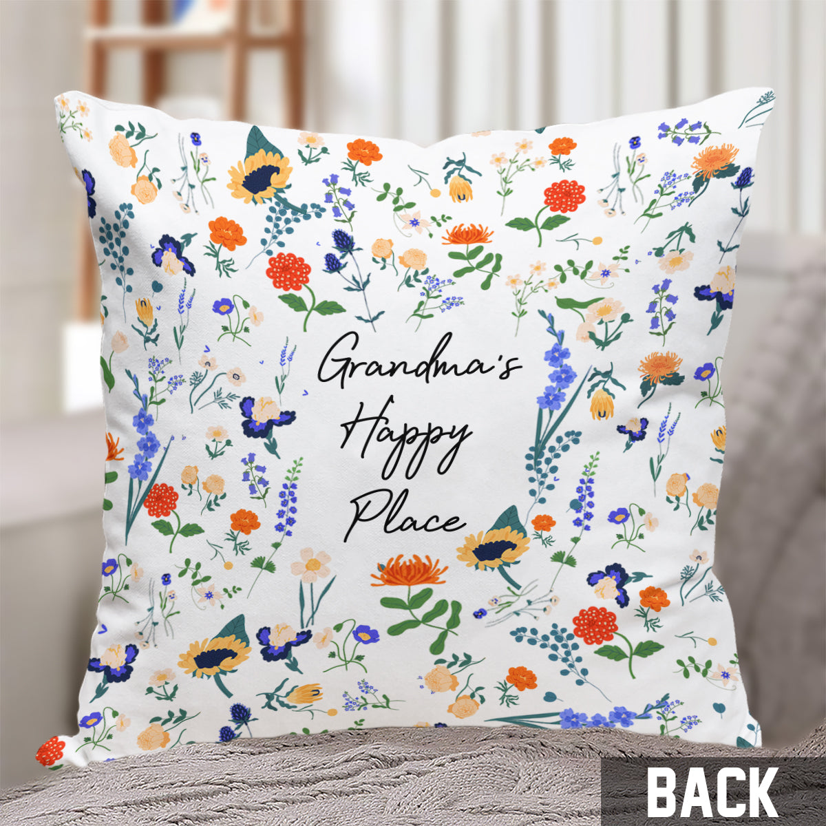 Coussin décoratif personnalisé « Happy Place » style floral botanique pour grand-mère (titre original : Any Title)