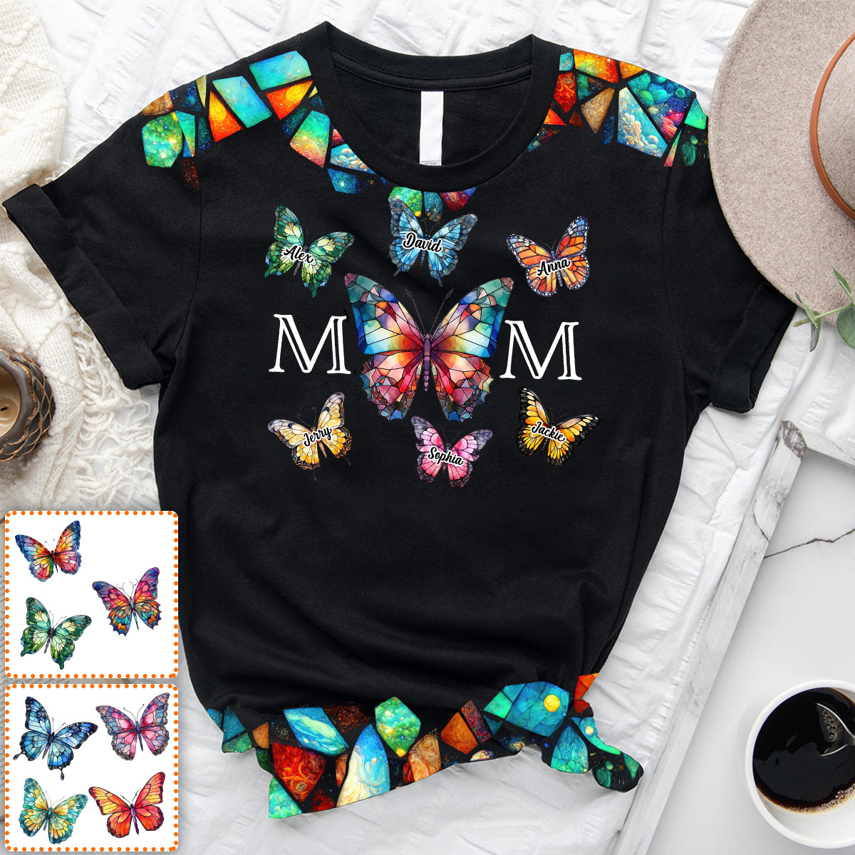 T-shirt personnalisé « Maman Papillon Motif Vitrail Coloré » - T-shirt intégral à motif papillon et papillon - Maman