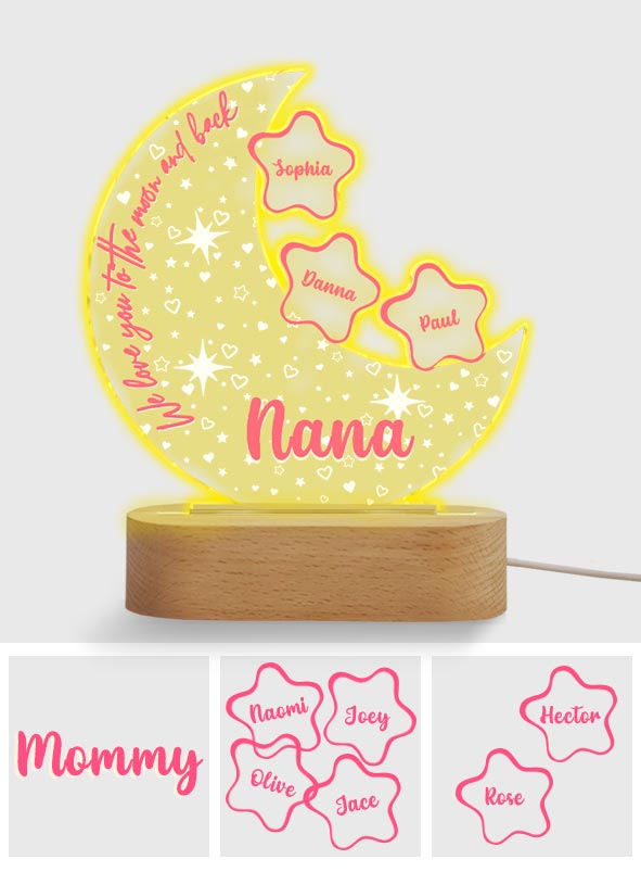 On t'aime jusqu'à la lune et retour - Plaque lumineuse personnalisée en forme de grand-mère