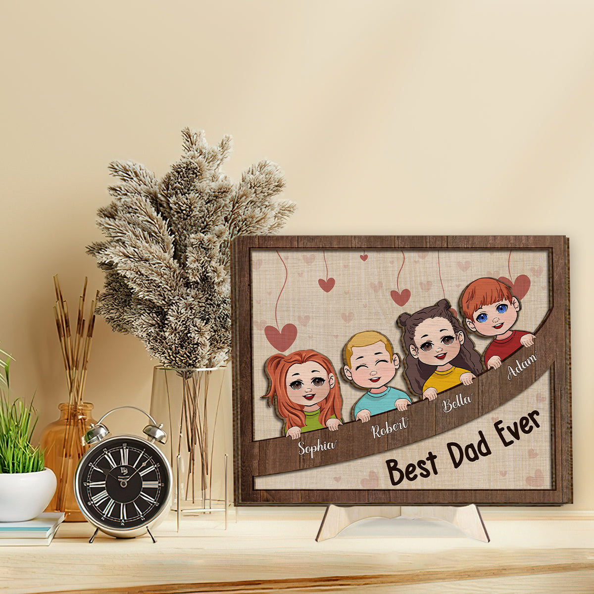 Meilleur papa, maman, grand-mère, grand-père pour toujours - Plaque en bois personnalisée 2 couches pour papa (Chibi Kids)