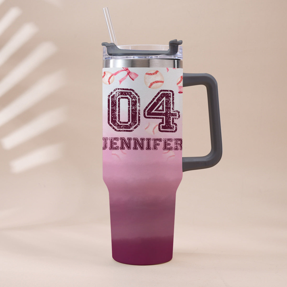 Baseball Coquette Ribbon Pink Gradient - Personalized Baseball Tumbler With Handle
