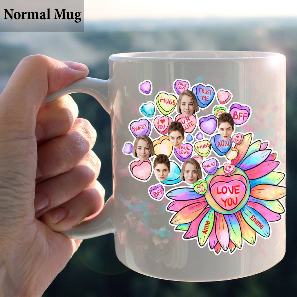 Mug personnalisé pour meilleure amie - Cœur, bonbon et fleur - Avec visage