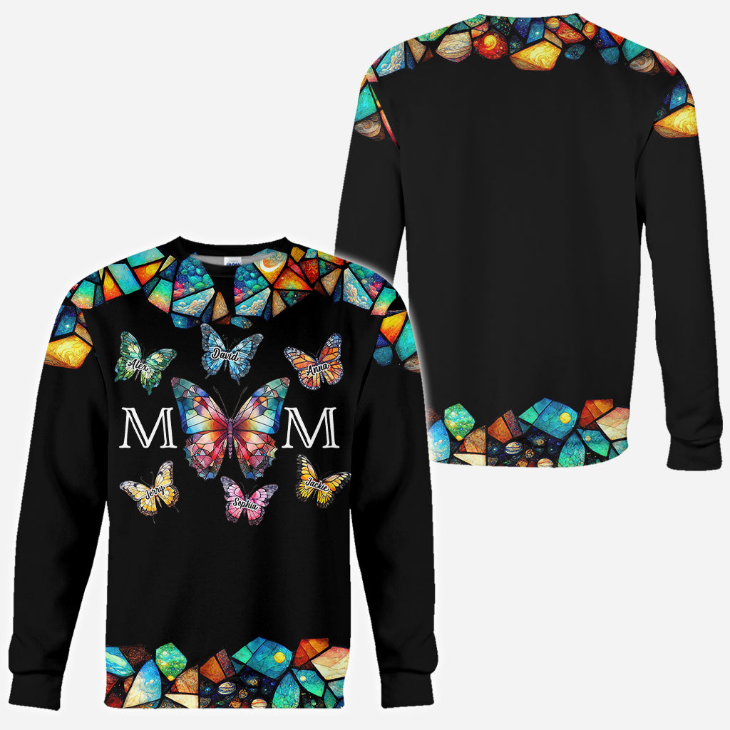 T-shirt personnalisé « Maman Papillon Motif Vitrail Coloré » - T-shirt intégral à motif papillon et papillon - Maman